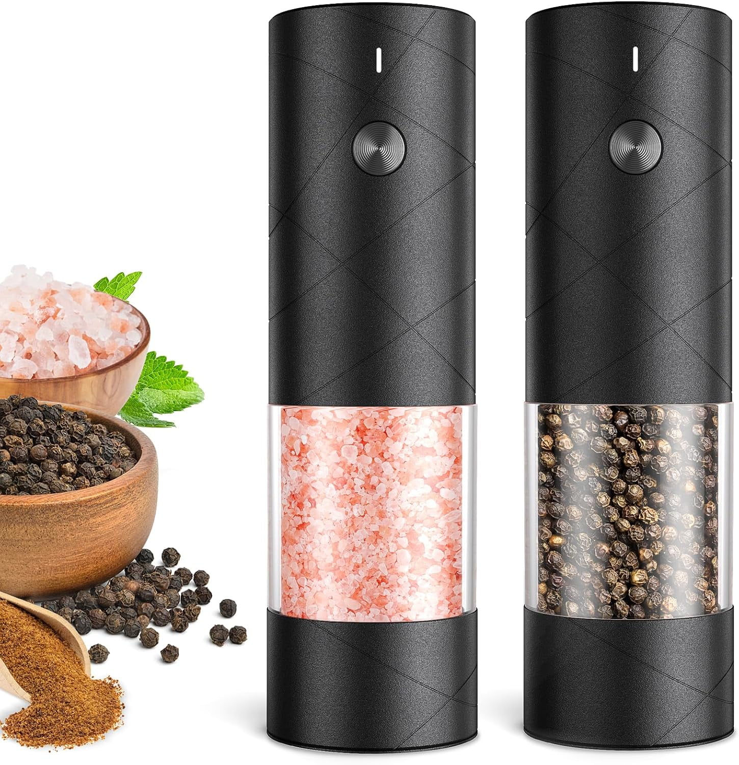 Electric Salt and Pepper Grinder Set, Rechargeable Automatic Pepper Mill Grinder with LED Light, Adjustable Coarseness shakers, One-Hand Operation for Kitchen(2 Pack, Upgrade Black+Black)