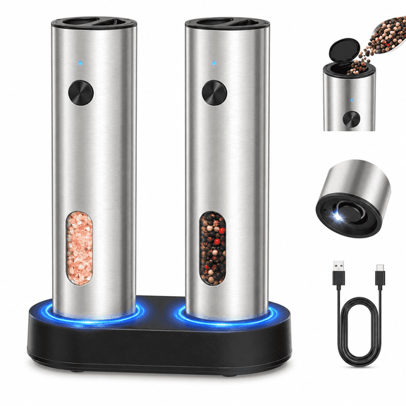 Electric Salt and Pepper Grinder Set, 2026 Upgrad 110ml Capacity Rechargeable Automatic Grinder with Led Light, 5 Level Grind Adjustment, 304 Stainless Steel for Kitchen BBQ Cooking Housewarming Gift