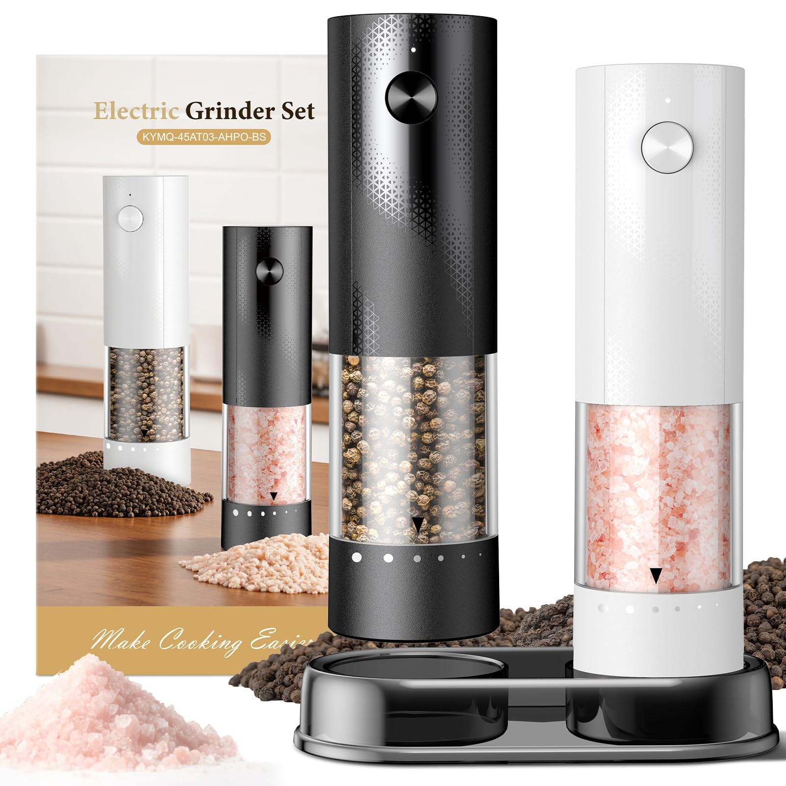 Electric Salt and Pepper Grinder Set - Rechargeable Automatic Salt and Pepper Shakers, Kitchen Appliances with External Adjustable Coarseness, Larger Hopper for Cooking, Home Gifts(2 Pack,White)