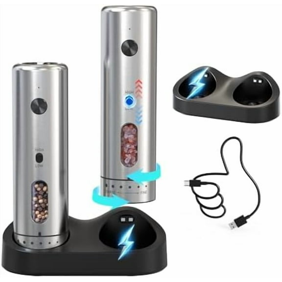 Electric Salt and Pepper Grinder Set with Rechargeable Base Upgraded Stainless Steel Automatic Salt and Pepper Shakers with 2 Grinding Speeds, External Adjustment and 176ml Capacity, Silver
