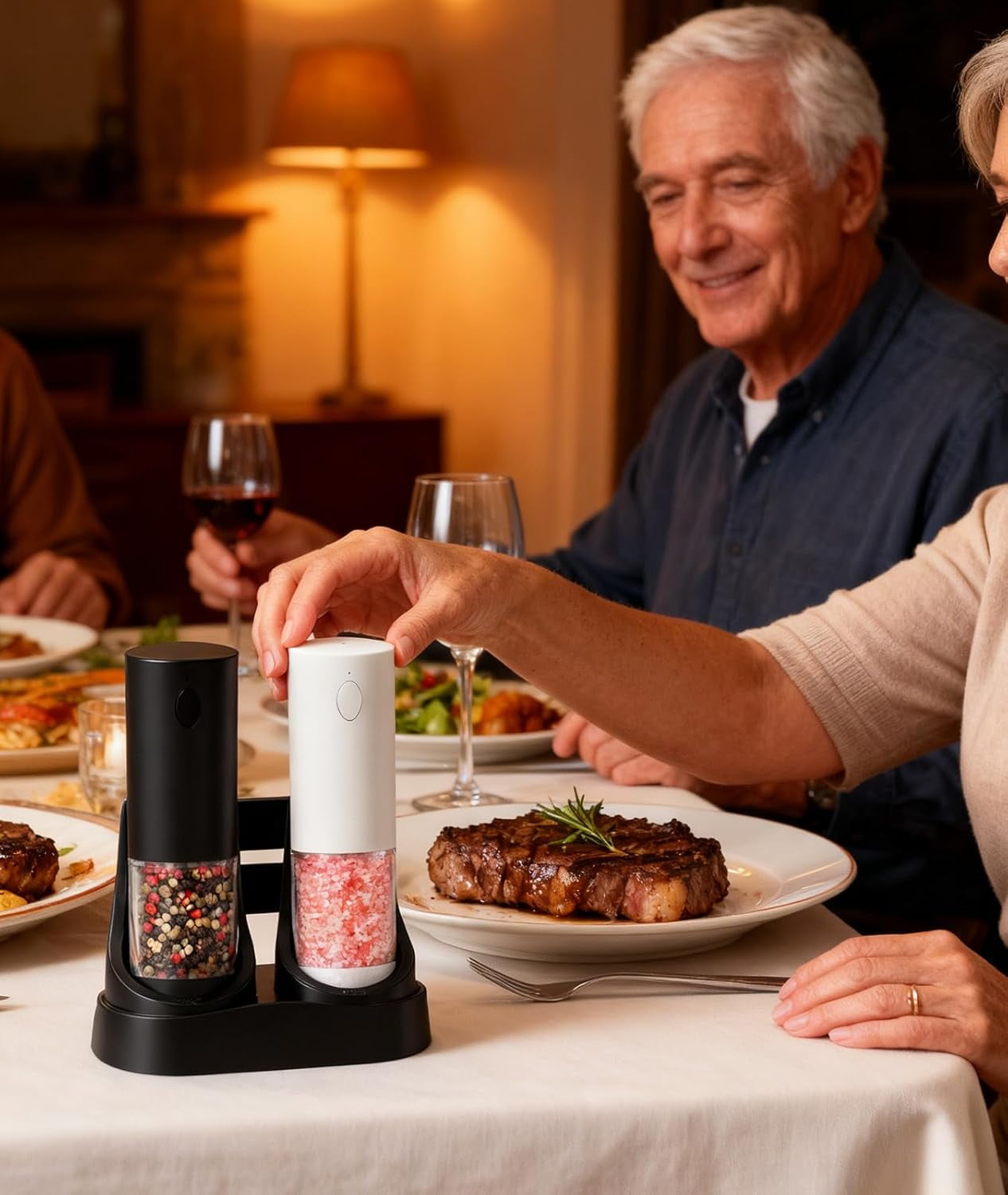 Electric Salt and Pepper Grinder Set - Rechargeable Battery Operated, Adjustable Coarseness, LED Light, Stainless Steel & Glass Body - Spice Mill for Kitchen, Dining Table