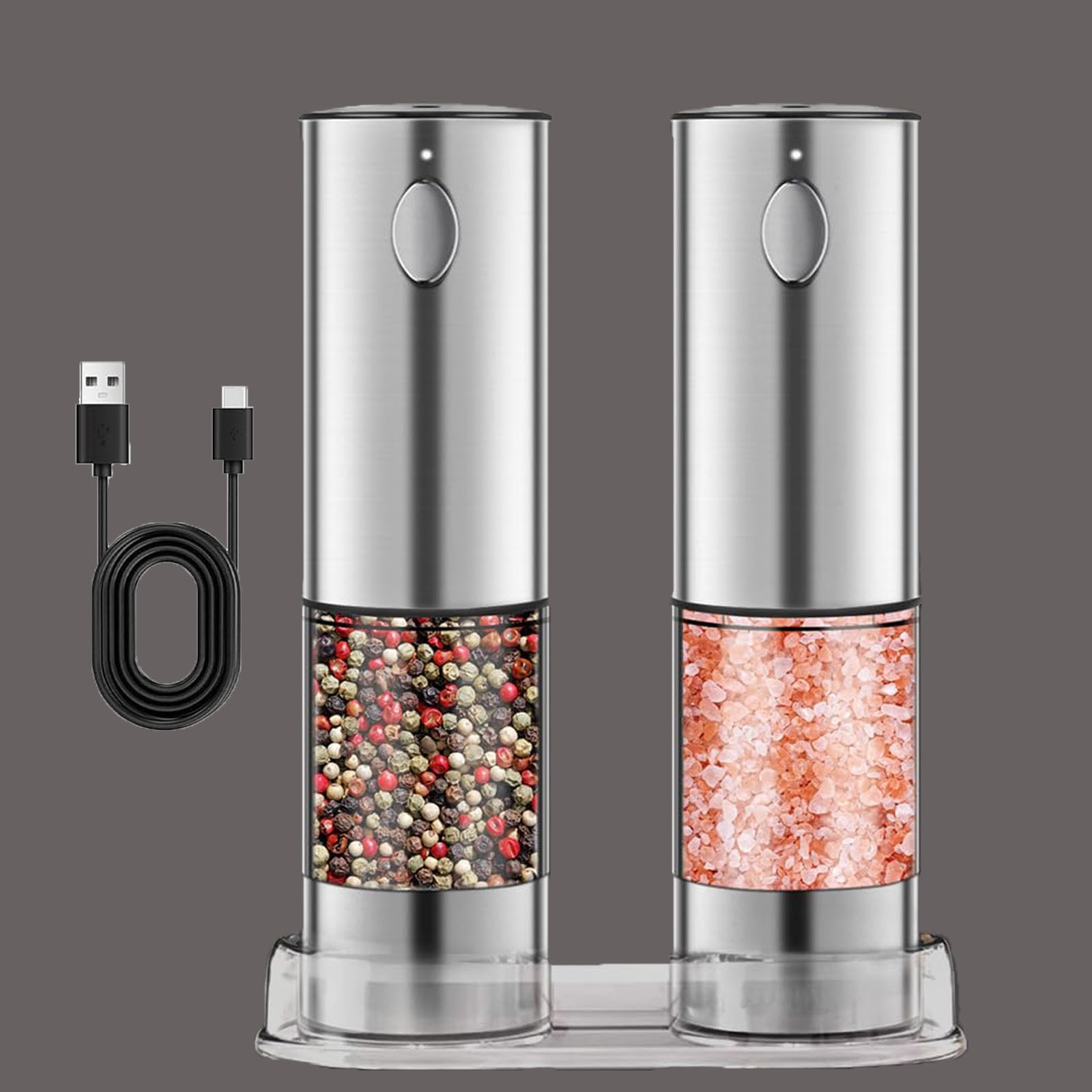 Electric Salt and Pepper Grinder Set, Rechargeable Pepper Grinder LED lights, Stainless Steel Automatic Salt and Pepper Mill Set, Refillable with 5 Adjustable Coarseness Silver