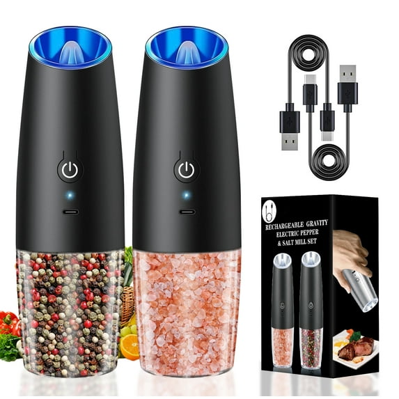 Electric Salt and Pepper Grinder Set, Rechargeable Salt Pepper Mills with Adjustable Coarseness And LED Light, One Hand Operated Spice Shaker Set for Kitchen