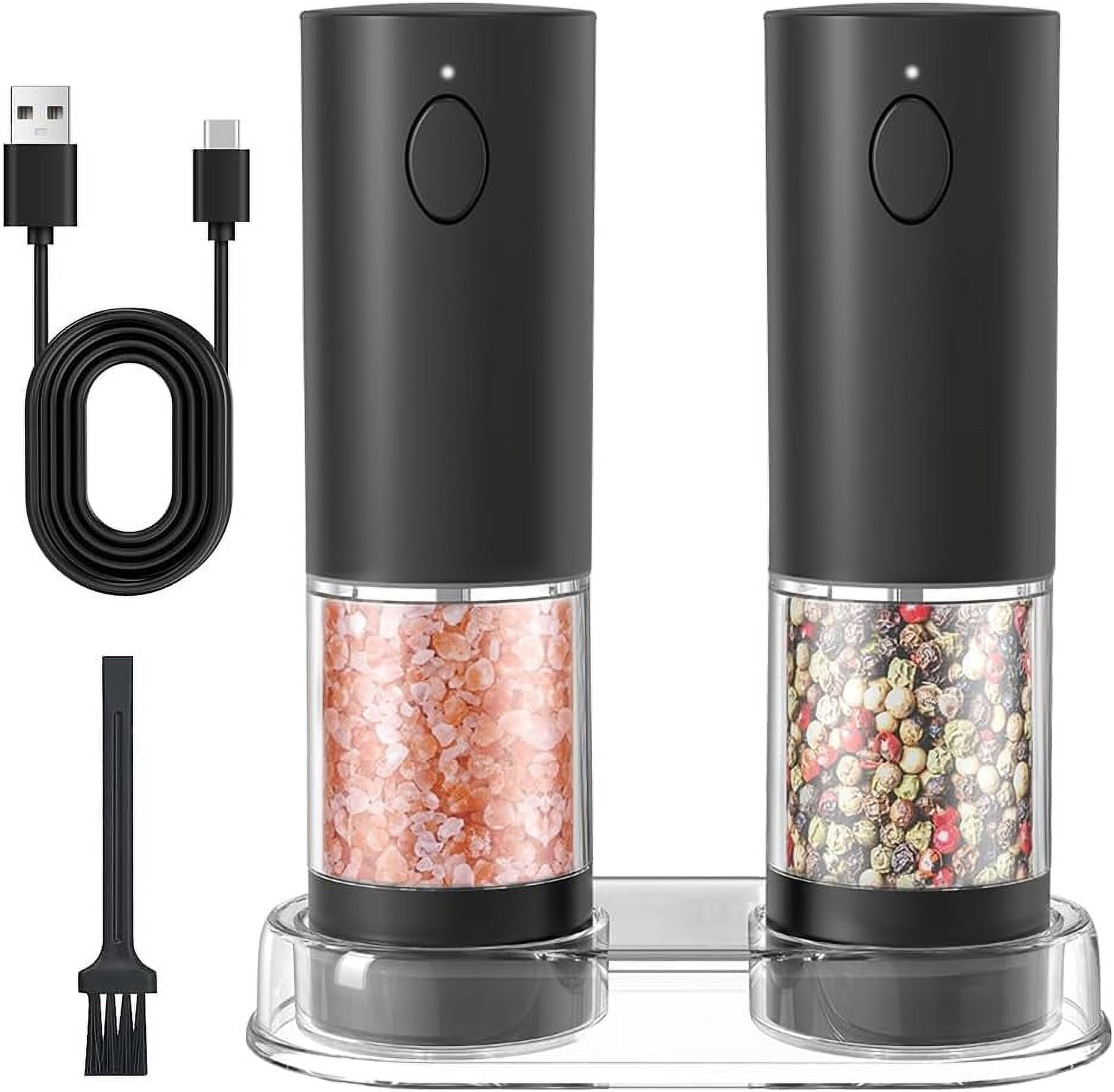 Electric Salt and Pepper Grinder Set, Rechargeable Salt and Pepper Mills with Storage Base, Automatic Pepper Shaker, Adjustable Coarseness Ceramic Grinding Core and LED Light (Pack of 2)