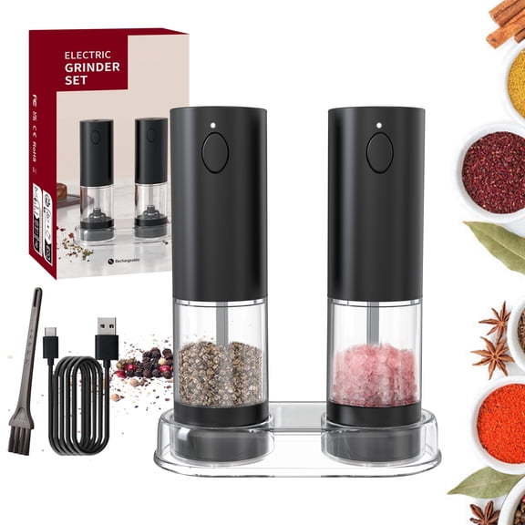 Electric Salt and Pepper Grinder Set, Stainless Steel Rechargeable Automatic Pepper Mill Shakers with USB Charging Base,95ml Large Capacity, External Adjustable Coarseness,LED Light,2 Pack