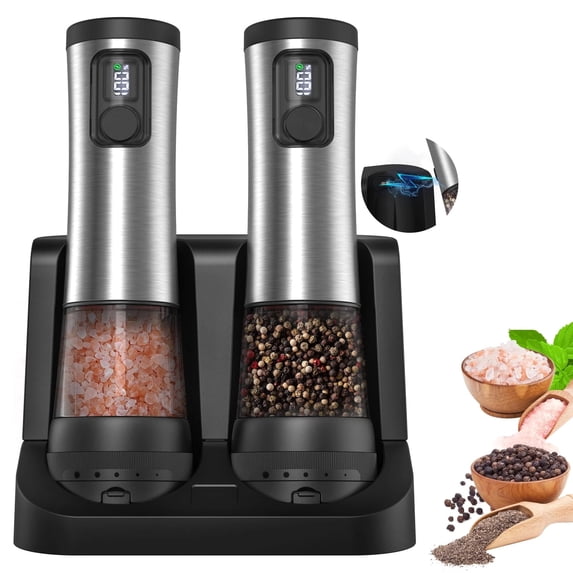 Electric Salt and Pepper Grinder Set,Stainless Steel Rechargeable Automatic Pepper Mill Shakers with USB Charging Base,External Adjustable Coarseness,