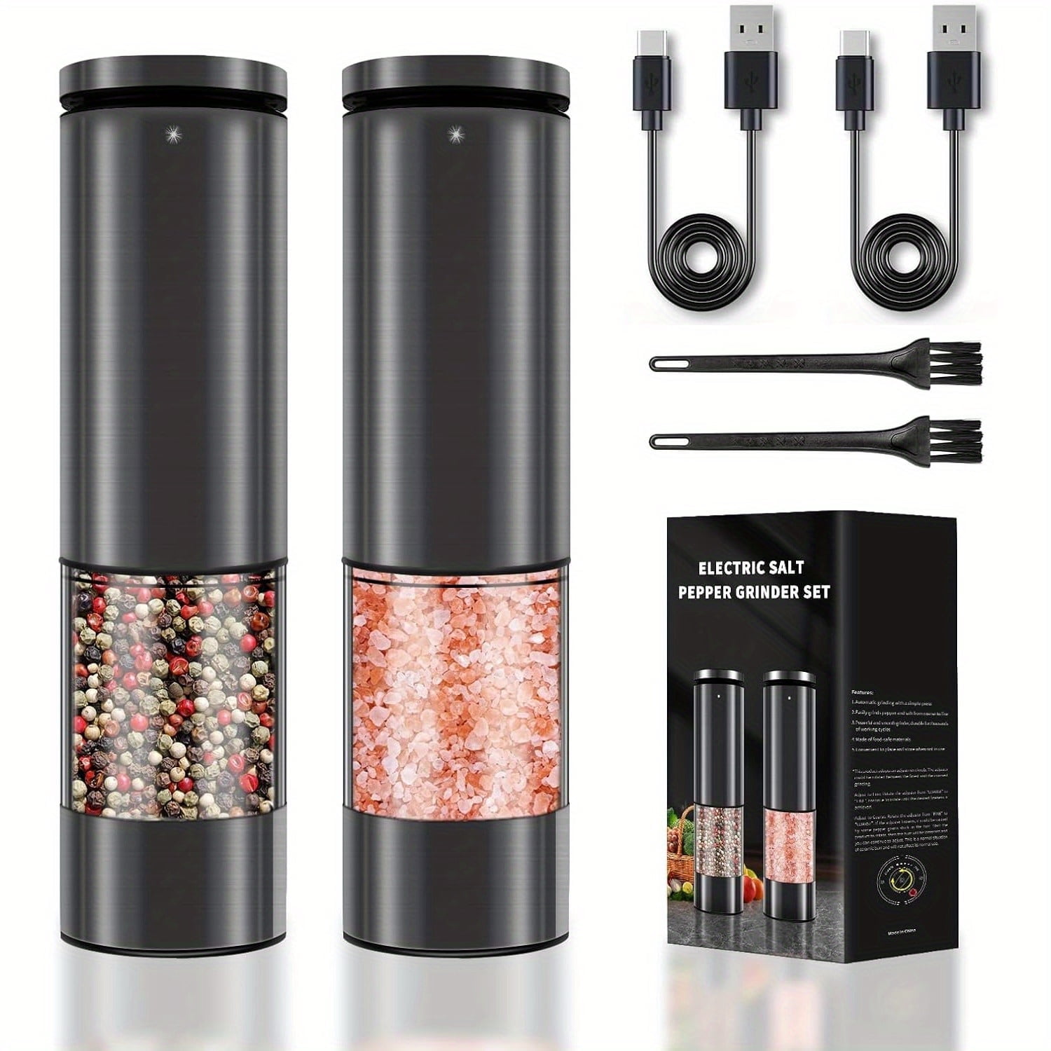 Electric Salt and Pepper Grinder Set Stainless Steel Salt and Pepper Mill Led Light Automatic One Handed Operation Rechargeable Adjustable Shakers Ceramic Rator 2 Pack Black Stainless Steel