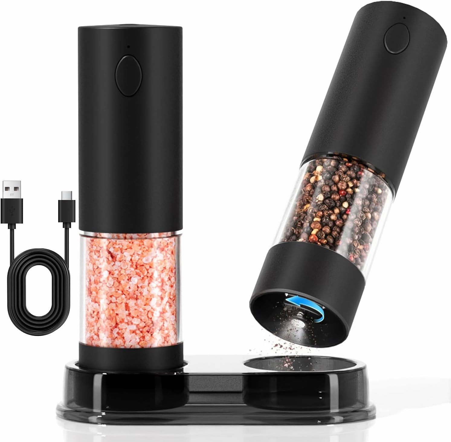 Electric Salt and Pepper Grinder Set USB Rechargeable Automatic Mills with LED Light Large Capacity Adjustable Coarseness One-Hand Operation Stable Base