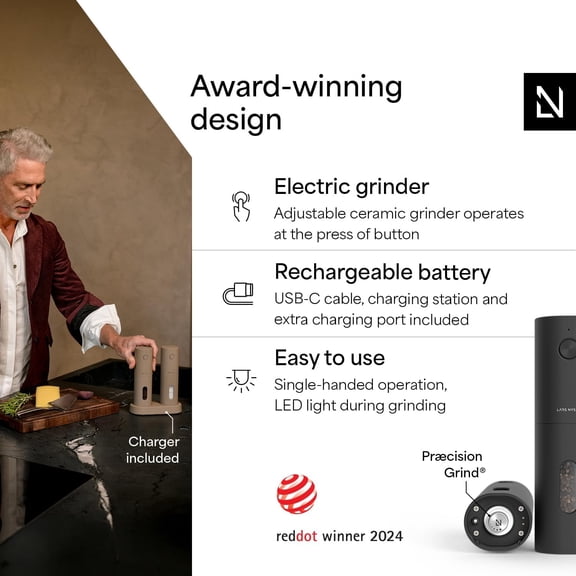 Electric Salt and Pepper Grinder Set, USB Rechargeable, Automatic Salt and Pepper Mills, Spice Shakers Refillable with LED Light, Adjustable Coarseness, Ceramic Grinder (Carbon Black)