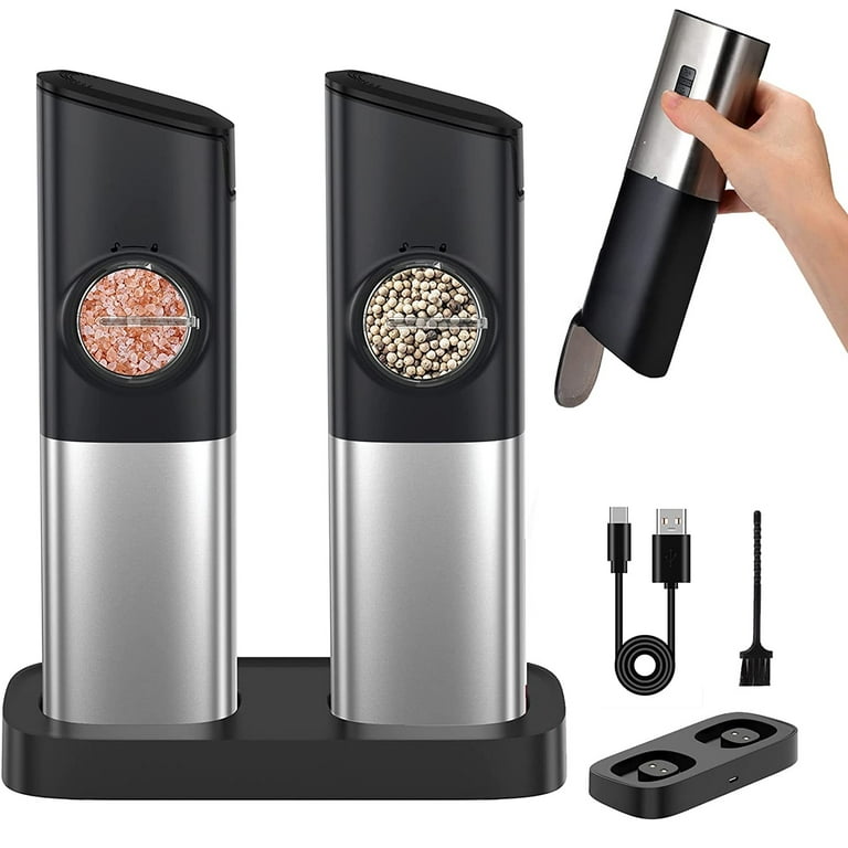 Electric Salt and Pepper Grinder Set - USB Rechargeable With Dual Charging  Base - Automatic One Hand Operation - Adjustable Coarseness & LED Light  Refillable 