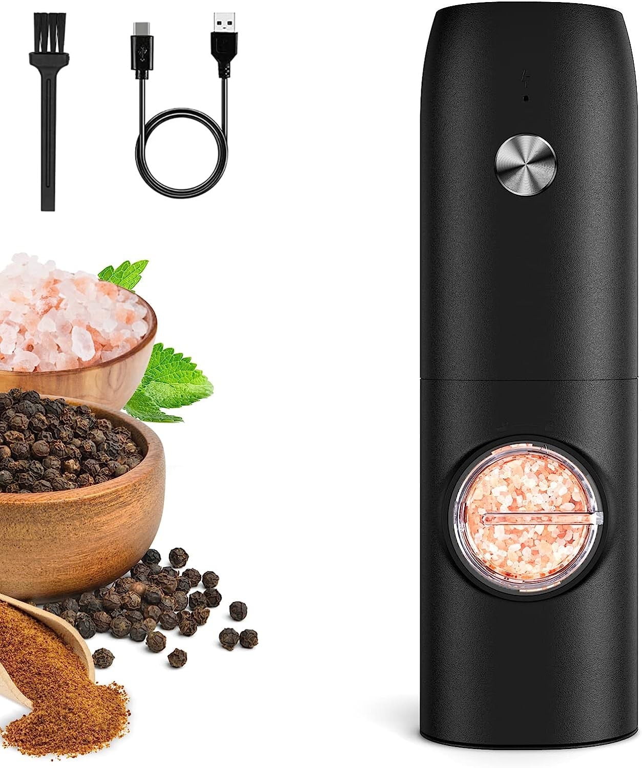 Xwq Spice Grinder Powerful Motor Low Noise Metal Battery Operated Automatic Pepper Salt Mill Grinder for Home, Size: 4.8, Black