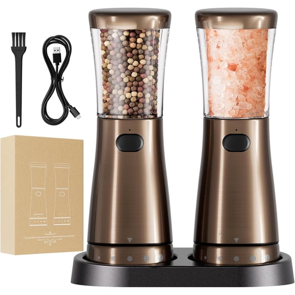 Electric Salt and Pepper  Set with 4.5oz Large Capacity, Stainless Steel Rechargeable Salt and Pepper  with 1.8" Wide Mouth, Storage Base,Adjustable Coarseness, and One-Hand Operation
