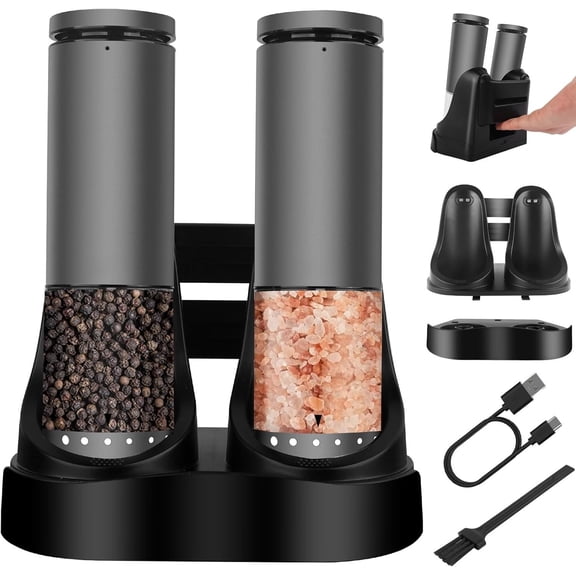 Electric Salt and Pepper Set USB Rechargeable, Upgraded External Adjustable Coarseness, Alloy Automatic Salt and Pepper Shakers Mills with LED Light, House Warming Cooking Gifts