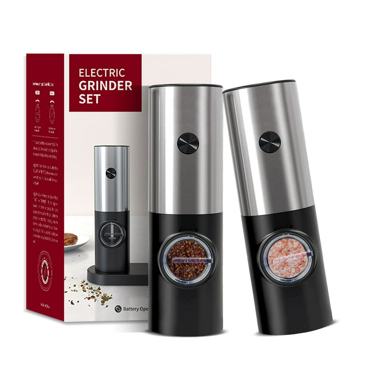  Electric Pepper and Salt Grinder, Automatic Pepper Mill with  Adjustable Coarseness, Battery Powered Salt Grinder, One Hand Operation,  Cleaning Brush (Wood Grain): Home & Kitchen