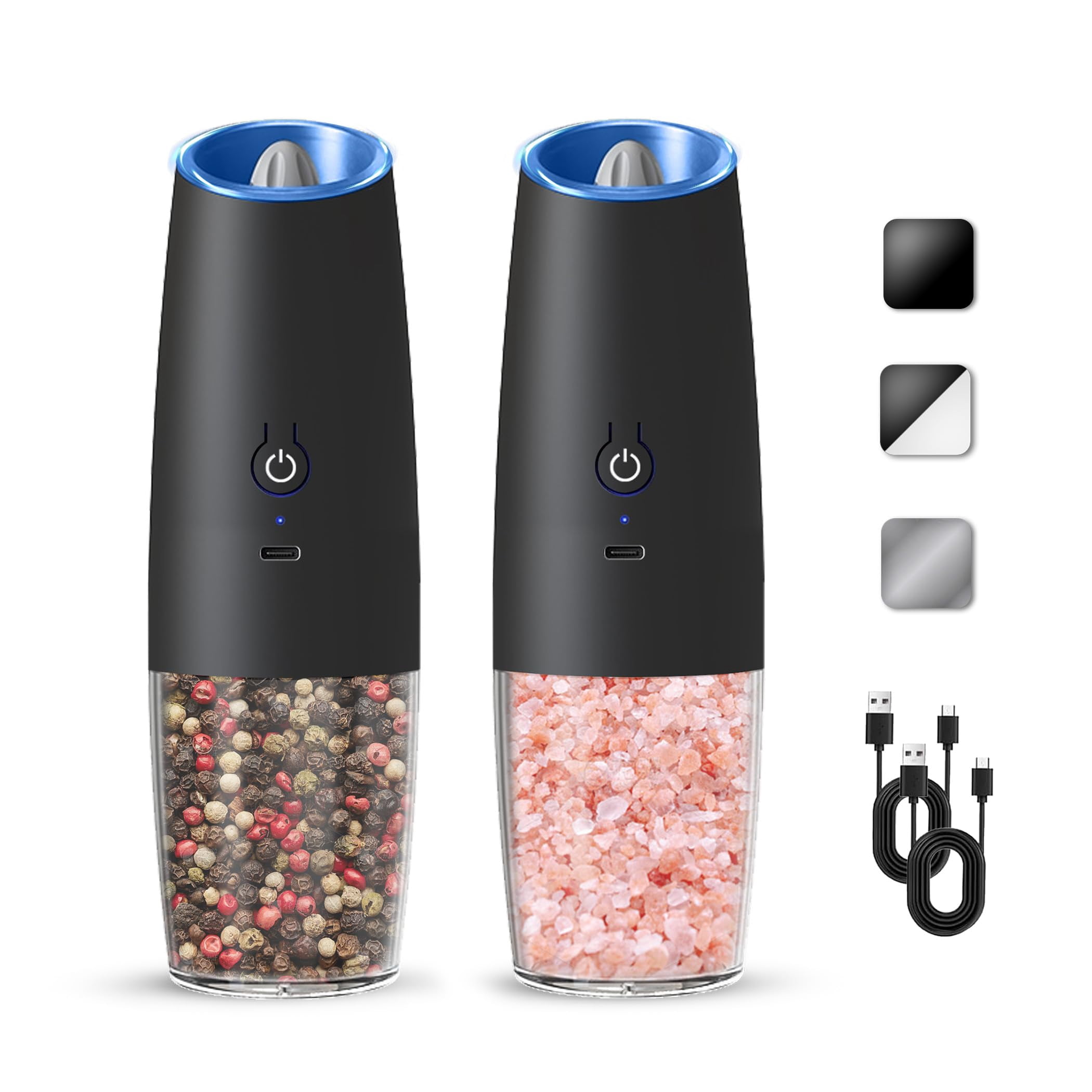 Electric Salt and Pepper Grinder Set, Battery Operated Automatic Grinders with Adjustable Coarseness and LED Light, 2 Pack, Black