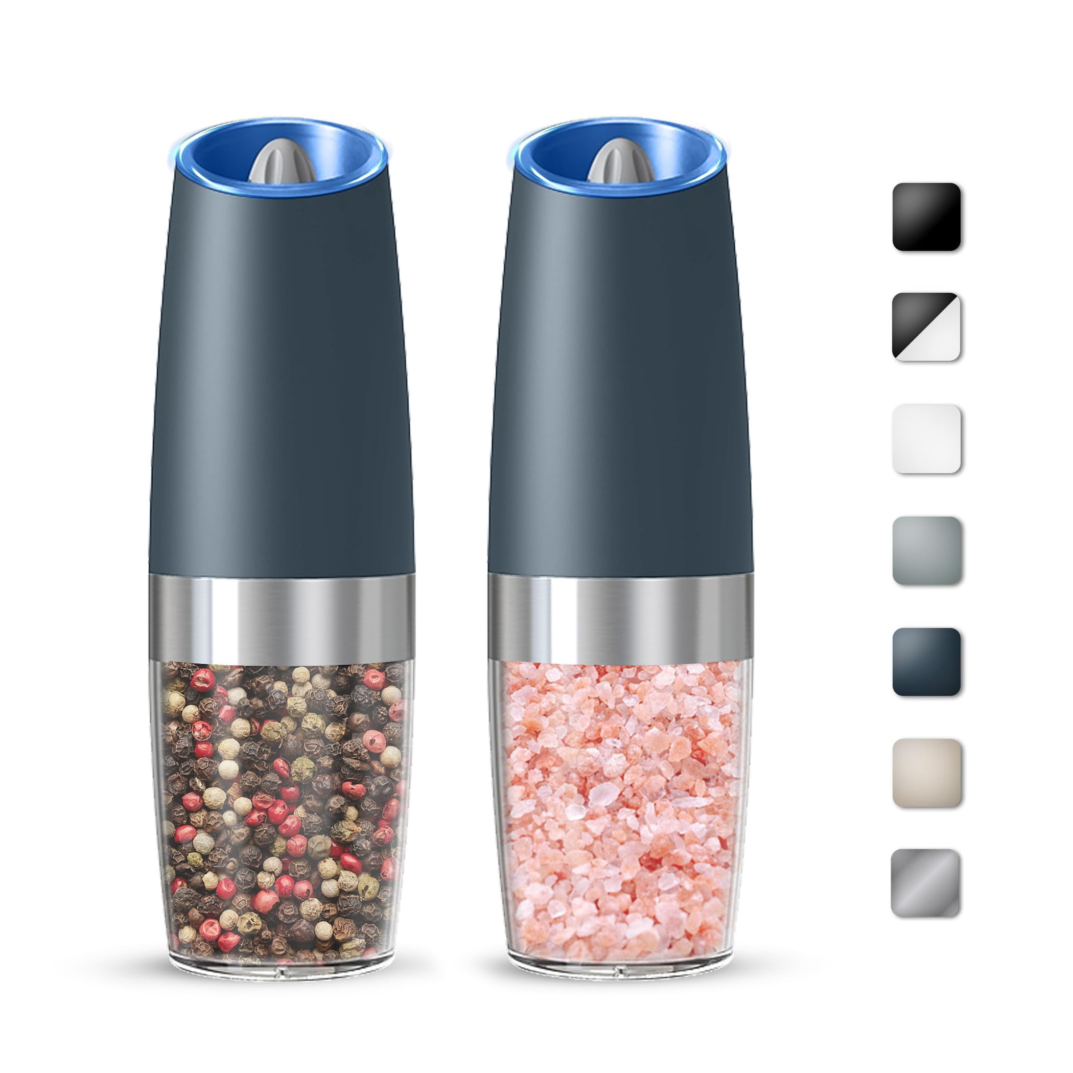 Electric Salt and Pepper Grinder Set, Battery Operated Automatic Grinders with Adjustable Coarseness and LED Light, 2 Pack, Black