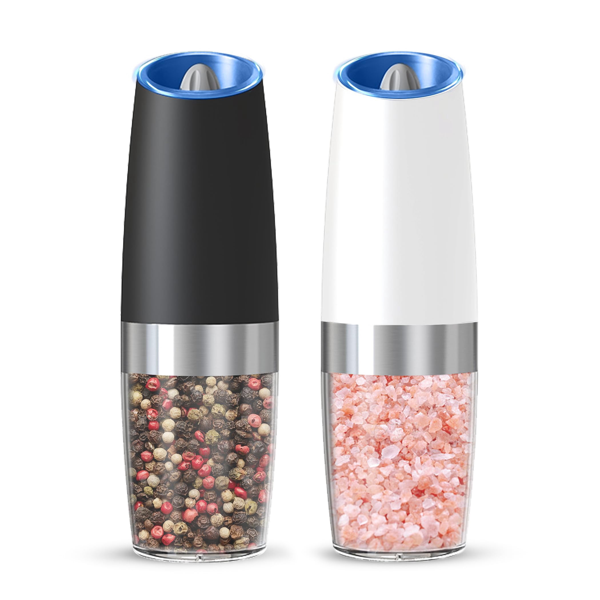 Electric Salt and Pepper Grinder Set, Battery Operated Automatic Grinders with Adjustable Coarseness and LED Light, 2 Pack, Black