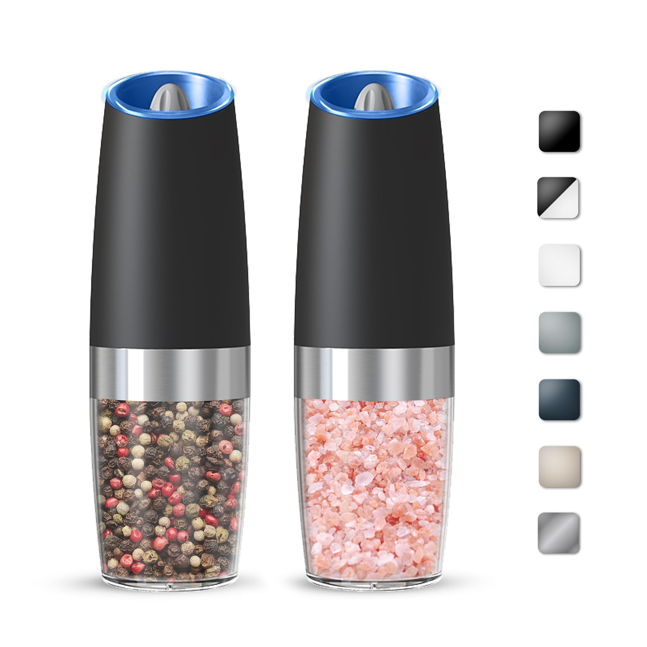 Electric Salt and Pepper Grinder Set, Battery Operated Automatic Grinders with Adjustable Coarseness and LED Light, 2 Pack, Black