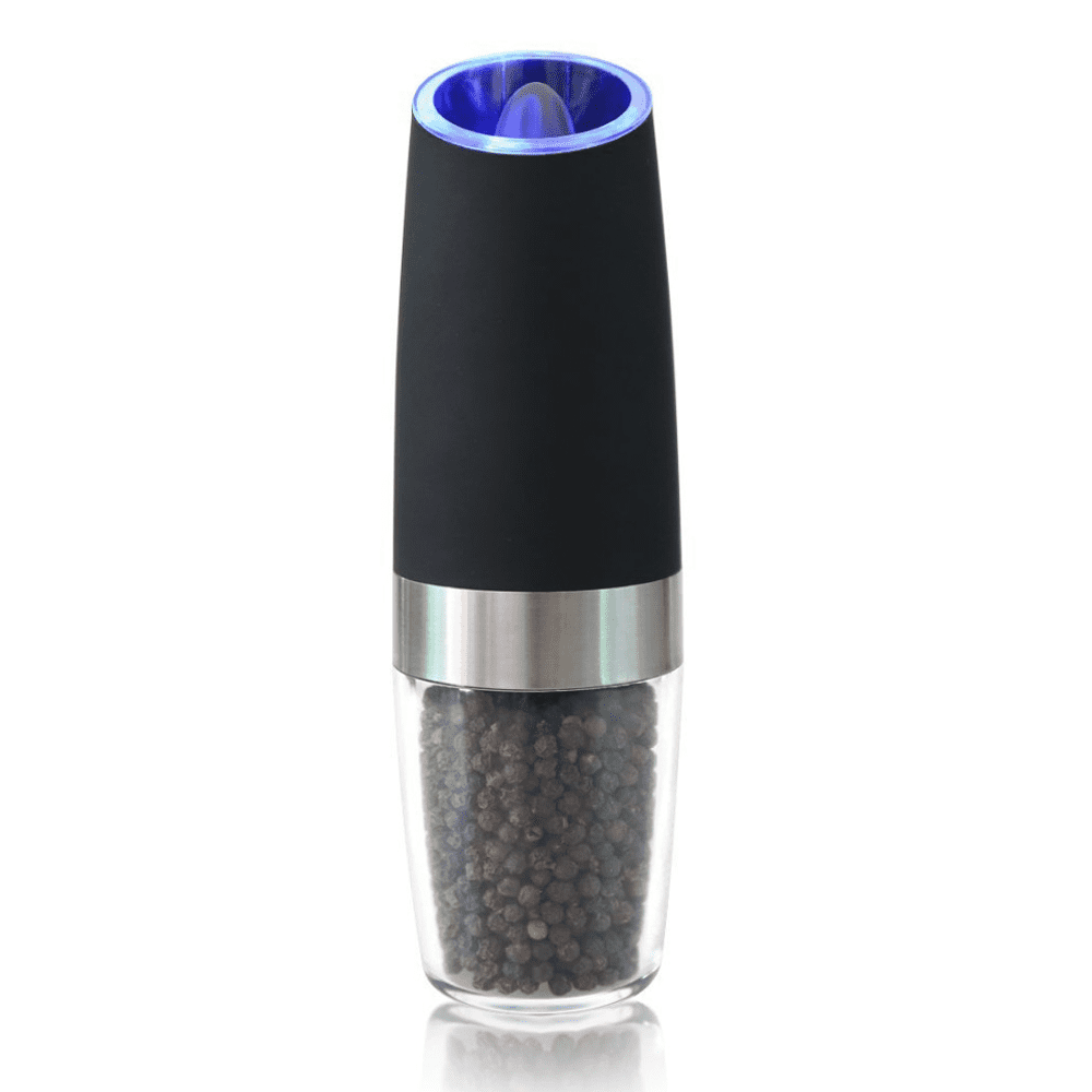 Mata1 Electric Spice Grinder (Black & Silver), Automatic Gravity Salt &  Pepper Mill, Refillable w/ Adjustable Coarseness, Stainless Steel Battery  Operated Electronic Seasoning Grinder
