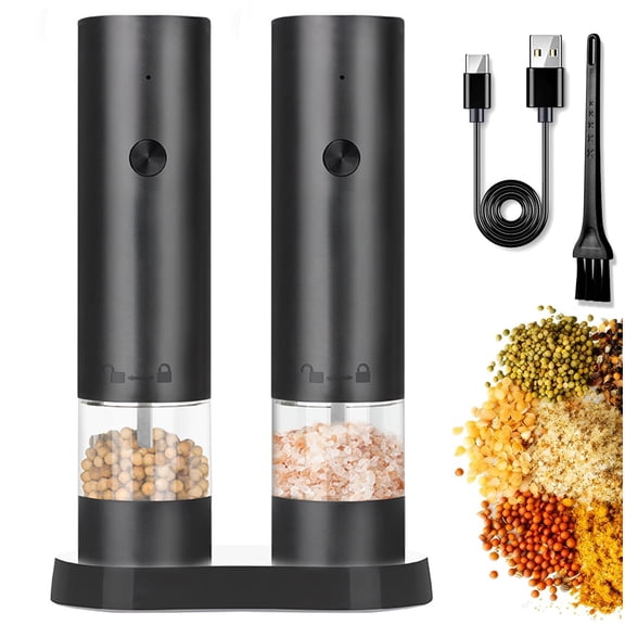Electric Salt and Pepper Grinder Set - Rechargeable Automatic Salt and Pepper Shakers, 40ml Hopper for Cooking, Home Gifts(2 Pack,Black/Black)