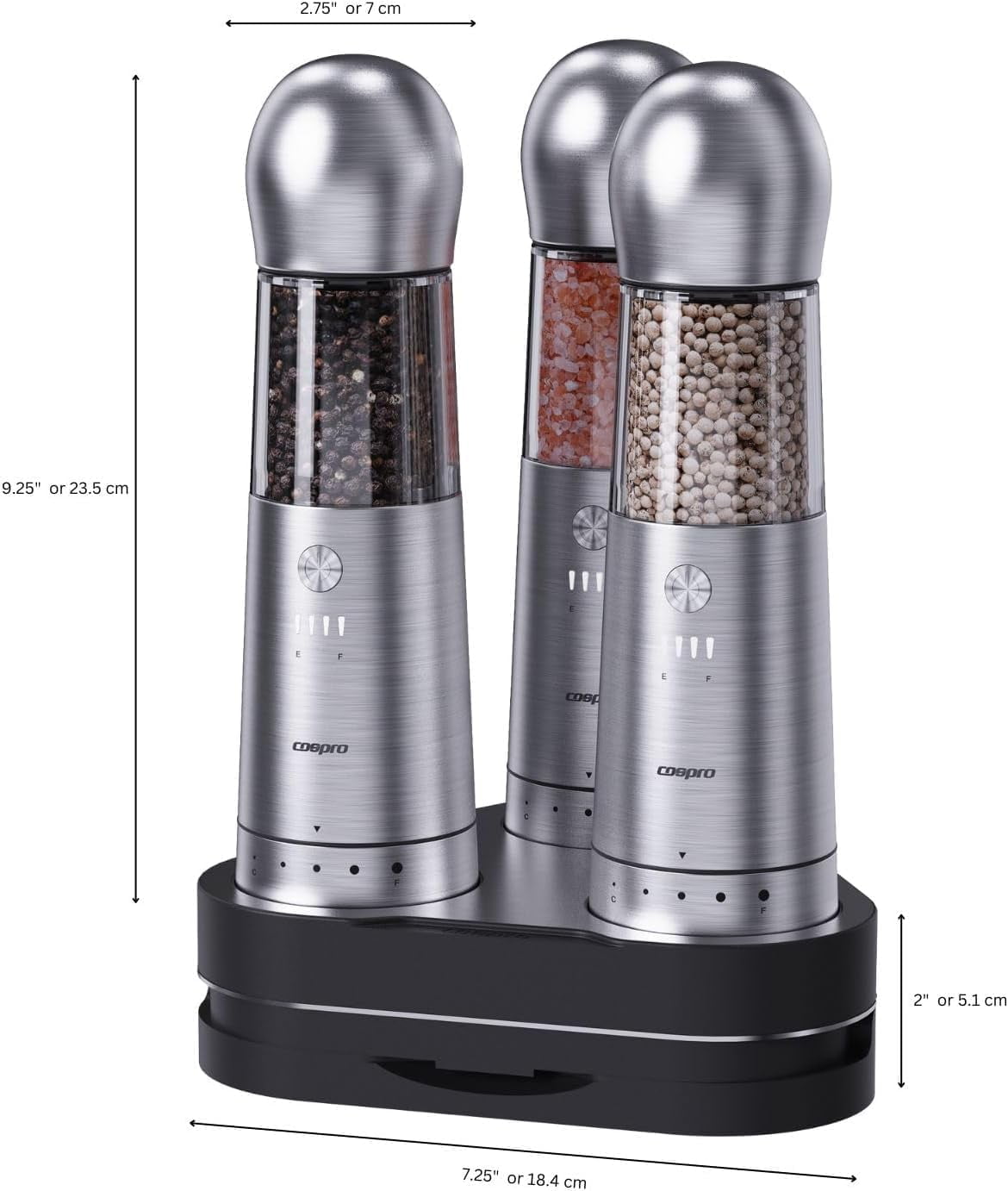 Electric Salt and Pepper Grinder, Set of 3 with Wireless Charging Base, Stainless Steel, Rechargeable Automatic Pepper Mill, Adjustable Coarseness, Easy to Use & Clean, Perfect Kitchen Gift