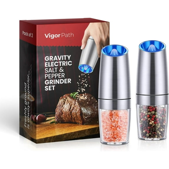 Electric Salt and Pepper Grinder Set with Adjustable Coarseness, Battery-Powered LED Light, One-Hand Automatic Operation (Stainless Steel)…