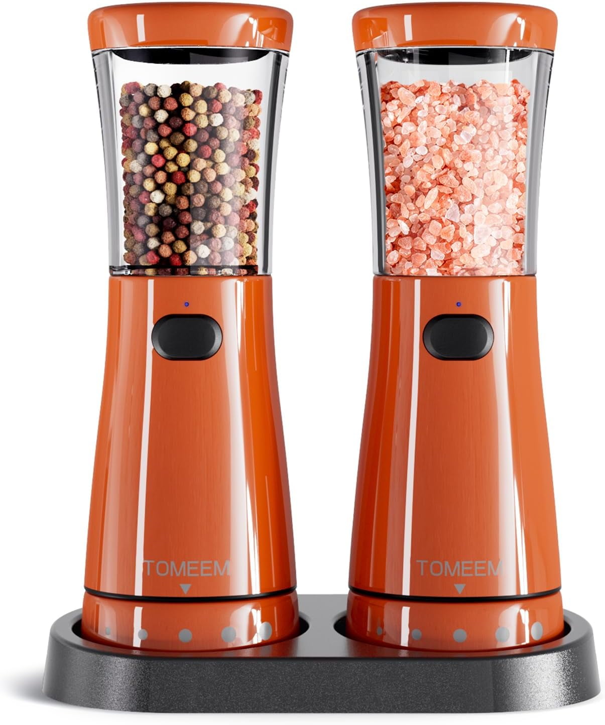 Electric Salt and Pepper Grinder Sets Automatic Adjustable Coarseness USB Rechargeable Mill Grinders Shakers With LED Light, Bright Orange