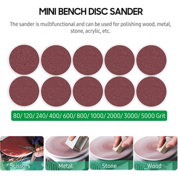 Electric Sanding Machine Mini Electric Bench Disc Sander 7 Variable Speed Sharpener 10 Sanding Discs Polishing Grinding Machine Wood Metal Acrylic Stone Hobbyists Professionals