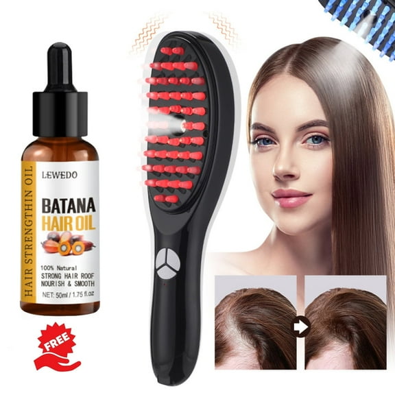 Electric Scalp Massager Comb with Batana Oil Anti-Hair Loss Essence, Micro Current Head Meridian Massager Anti Hair Loss Physiotherapy Apparatus Red and Blue Light Nourishing Scalp