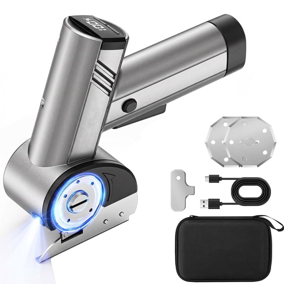 OLGEO Electric Scissors with 4-Speed Adjustment, Cardboard Cutter with LED Light, Safety Lock and Storage Case for Cardboard, Fabric, Carpet and Leather
