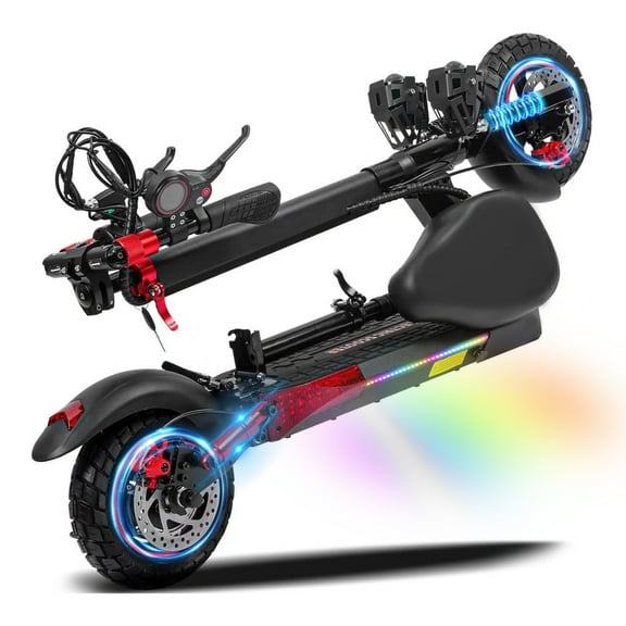 Electric Scooter Adults, 800W Peak Motor, 48V 15Ah Battery, w/ 34 Miles Max Range, 28 mph Max Speed, Off Road 10" Self-Sealing Vacuum Tires, Folding E-Scooter with Seat, Dual Brake & Dual Suspension