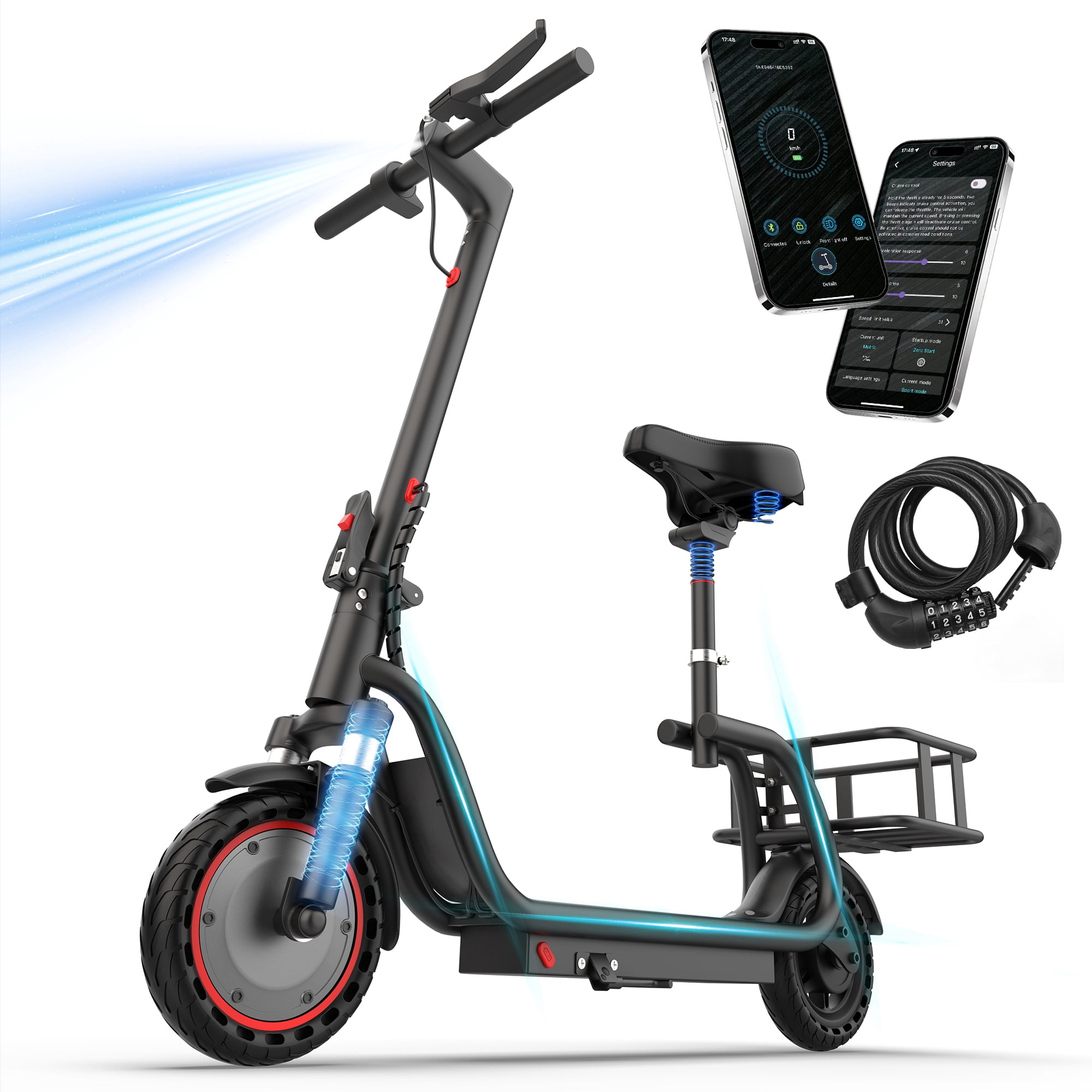 Electric Scooter for Adults with Seat and Carry Basket，350W Motor Up to 19MPH,36V 5.2Ah Long-Range Battery, Up to 28 Miles 5X Shock Absorption, Foldable Commuter E Scooter