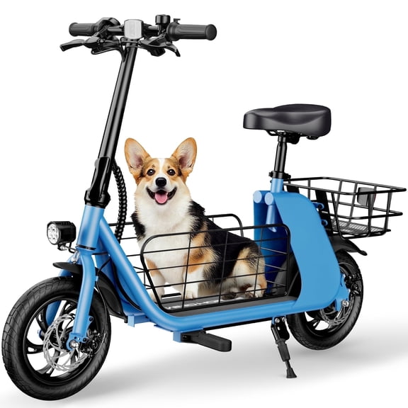 Electric Scooter for Adults with Seat and Dual Baskets, 650W Motor Up to 15.5 MPH, 20-Mile Long Range, Foldable Commuter E-Scooter with 12.5" Tires, Blue
