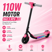 Electric Scooter with Bluetooth Music & Rainbow LED Lights, 3 Speed Modes Max 9MPH, 110W Powerful Motor E-Scooter for Ages 6-12, Safety Electronic Brake, Best Birthday Gift for Boys & Girls,PINK