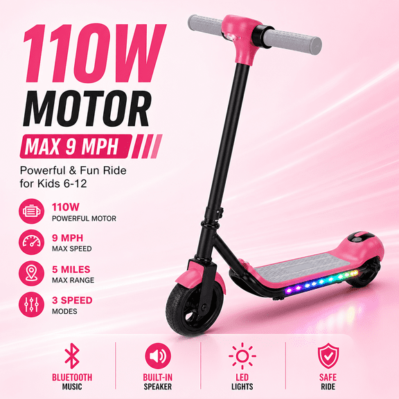 Electric Scooter with Bluetooth Music & Rainbow LED Lights, 3 Speed Modes (Max 9MPH), 110W Powerful Motor E-Scooter for Ages 6-12, Safety Electronic Brake, Best Birthday Gift for Boys & Girls,PINK
