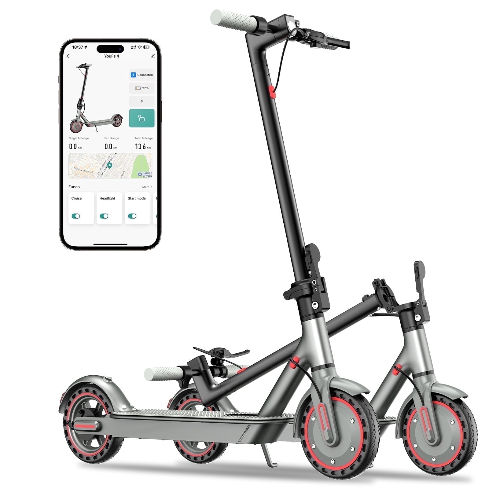 Electric Scooter HiQiS D8 350W 8.5' Foldable Scooter for Adults with APP and High Speed of 19MPH Red