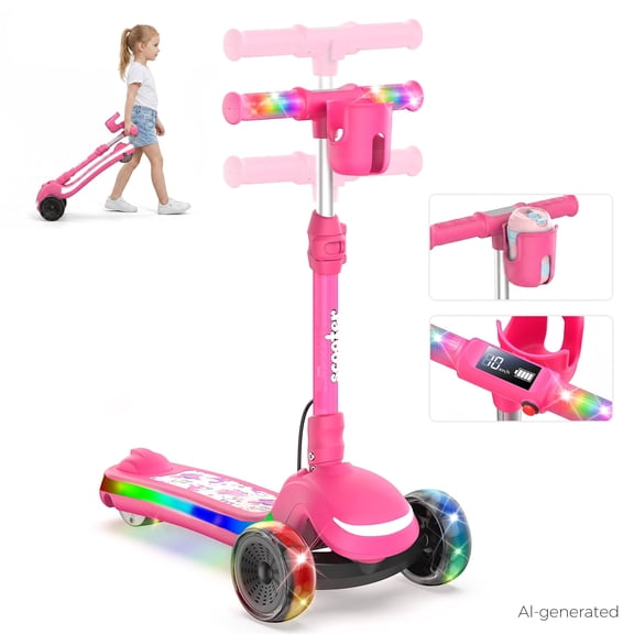 Electric Scooter for Kids 3-8, 3-Wheels 100W Escooter with 360°Light Up Pedal Handle, 6.2 Mph Max Foldable & Height Adjustable Toddler Motorized Scooters, Ride On Toys (Pink)