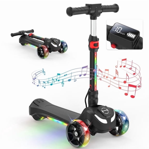 Electric Scooter for Kids Age 3-6, Bluetooth & Display Foldable 3-Wheel Escooter, Light-Up Wheels & Pedal Adjustable Scooter, 2-Speed Electric Ride On Toys (Black)