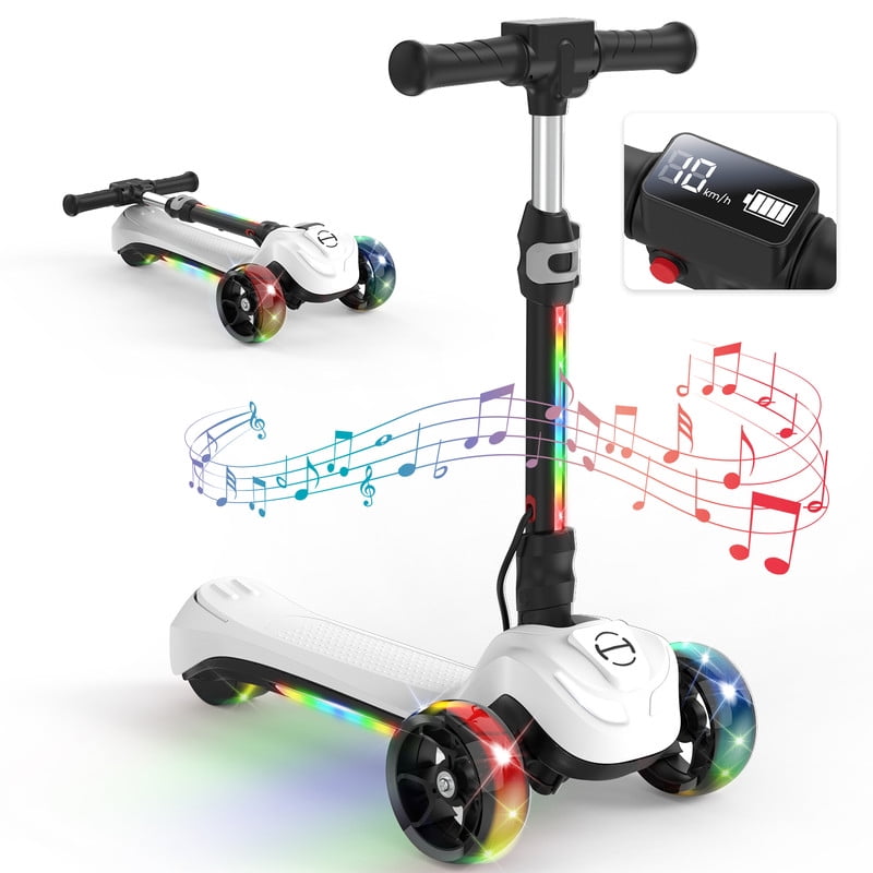 Electric Scooter for Kids Age 3-6, Bluetooth & Display Foldable 3-Wheel Escooter, Light-Up Wheels & Pedal Adjustable Scooter, 2-Speed Electric Ride On Toys (White)