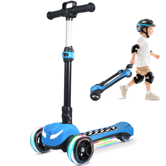 Electric Scooter for Kids Ages 3-8, 3-Wheel Foldable Light-Up Scooter with Full Body LED, Wide Deck, Thumb Accelerator, 3 Adjustable Heights, 5MPH Safe Speed, Electric Scooter for Boys & Girls,Blue
