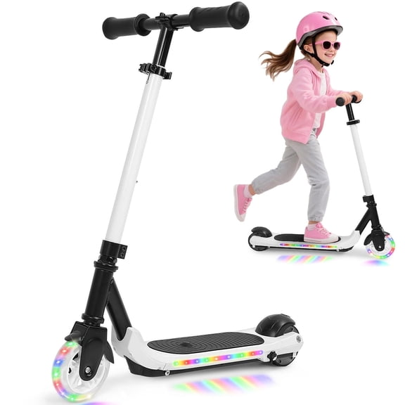 EOTVIA Electric Scooter for Kids Ages 6-12, White Powered E Scooter w/Colorful LED Lights, Foldable Electric Scooter w/3 Adjustable Height, Anti-Slip Handlebar,60W Motor,Max 5Mile & 3Mph,up to 132lbs