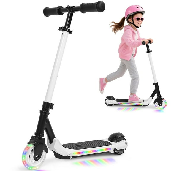 EOTVIA Electric Scooter for Kids Ages 6-12, White Powered E Scooter w/Colorful LED Lights, Foldable Electric Scooter w/3 Adjustable Height, Anti-Slip Handlebar,60W Motor,Max 5Mile & 3Mph,up to 132lbs