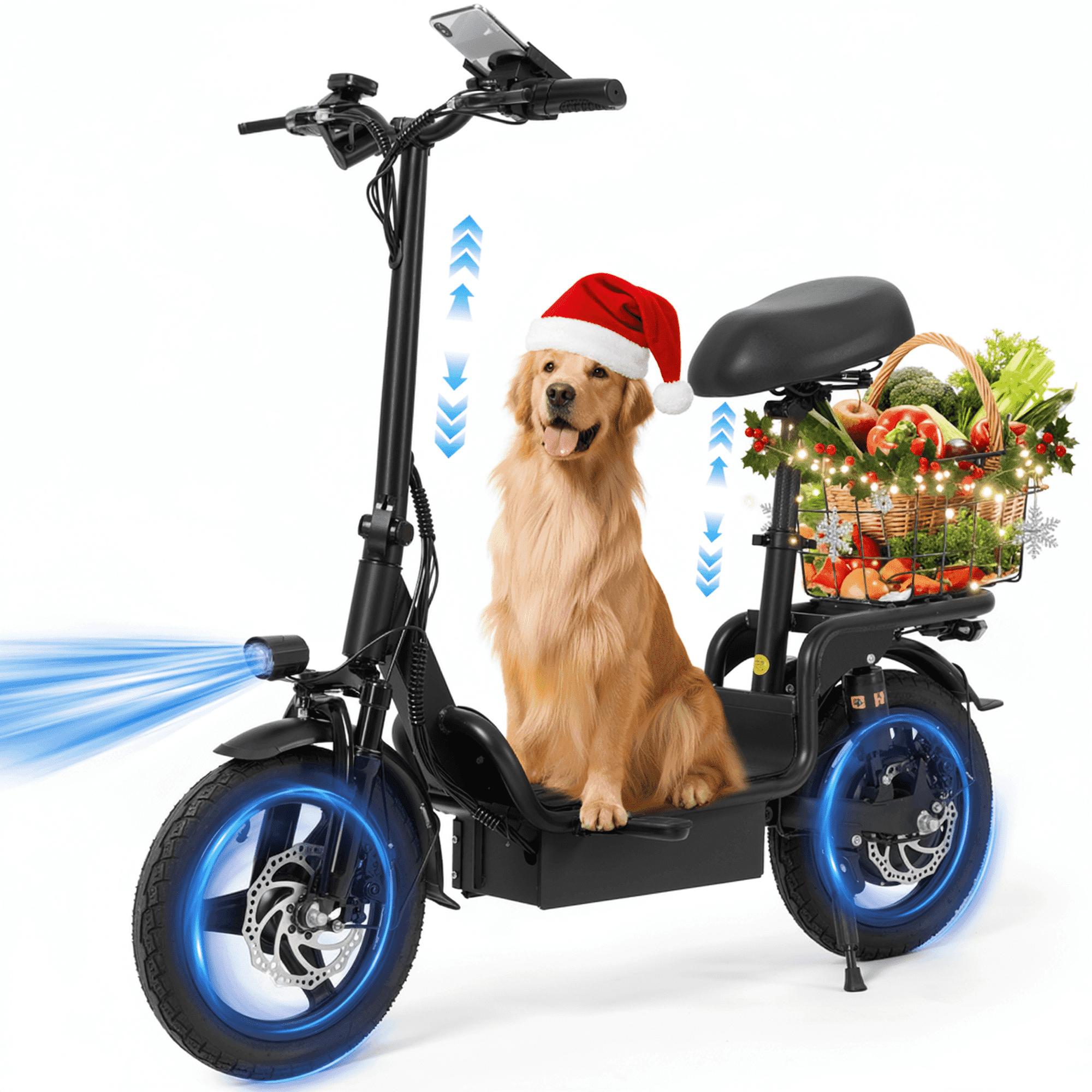 Naipo Adult Electric Scooter with Seat, Max 20-25miles Range, 16-20mph Power by 480W Motor, Height-Adjustable Seat, All-Terrain Tire Commuter Escooter with Carry Basket
