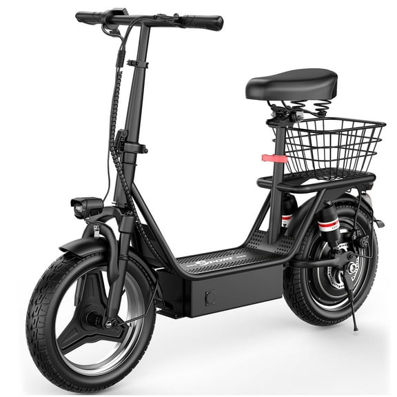 Electric Scooter with Seat, 650W Peak Motor, 14" Tire, 48V 15AH Electric Scooter for Adults, 25MPH 30Miles Range Folding E Scooter for Adults Commuting Travel (with Rear Basket)