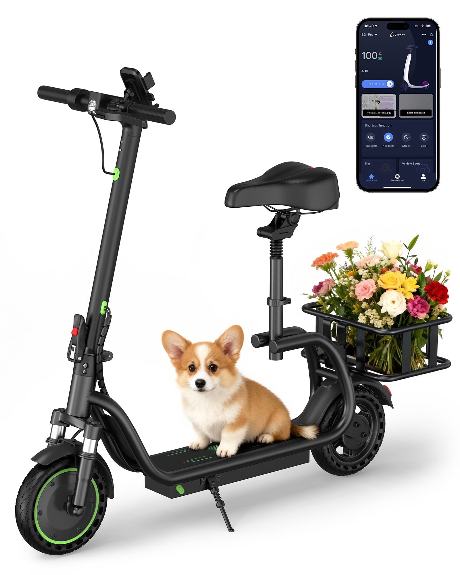 Electric Scooter with Seat for Adults, Foldable Commuter E Scooter with APP Control, Rear Basket, Front Suspension, 15 Miles Range, 19MPH, UL2272 Certified