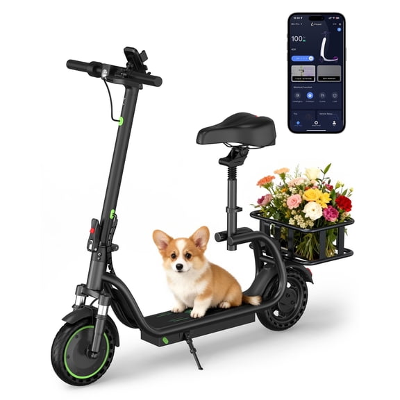 Electric Scooter with Seat for Adults, Foldable Commuter E Scooter with APP Control, Rear Basket, Front Suspension, 15 Miles Range, 19MPH, UL2272 Certified