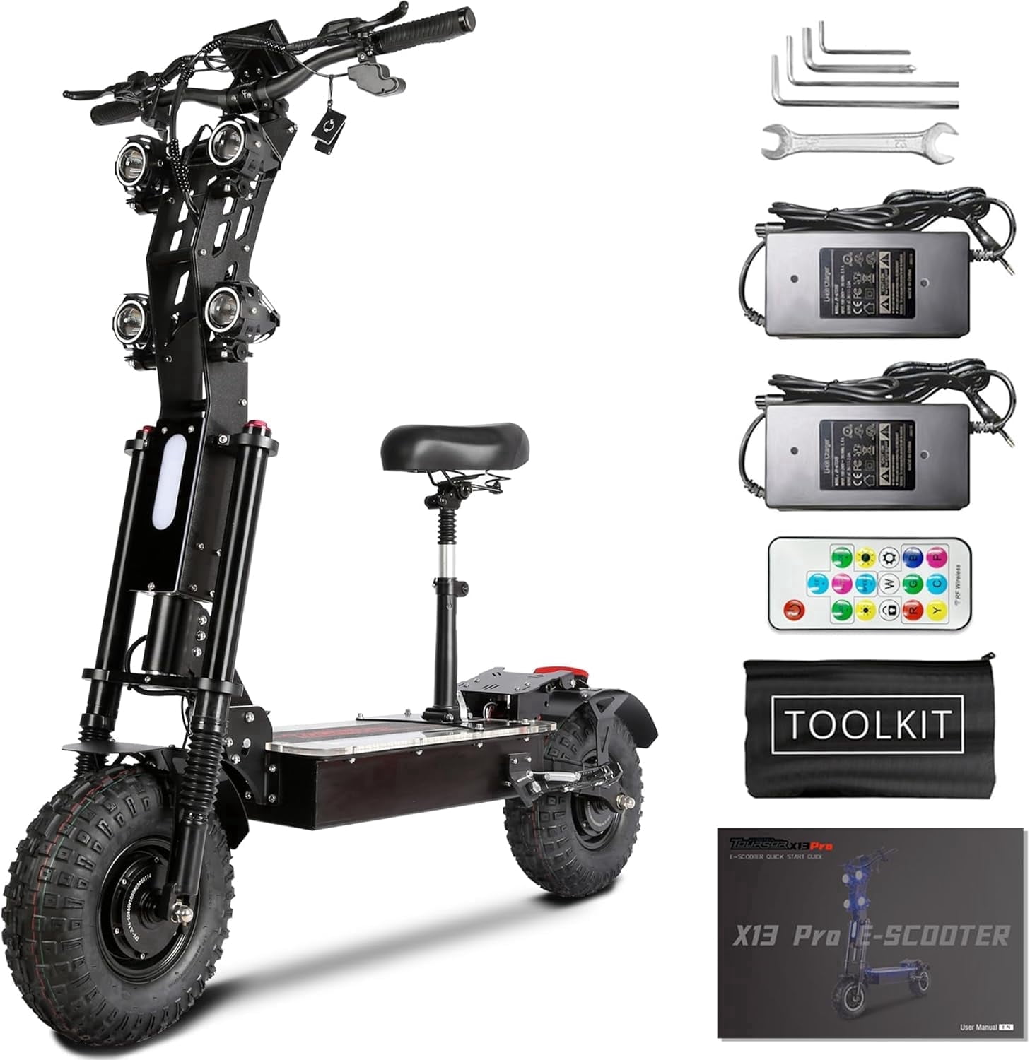 Electric Scooter with Seat, Powerful 10000W Double Motor, 55MPH Max Speed, 72Miles Max Range, 60V/50Ah Large Capacity Battery, 14" Off-Road Tires, 440lbs Max Load, Folding Fast e Scooter for Adult