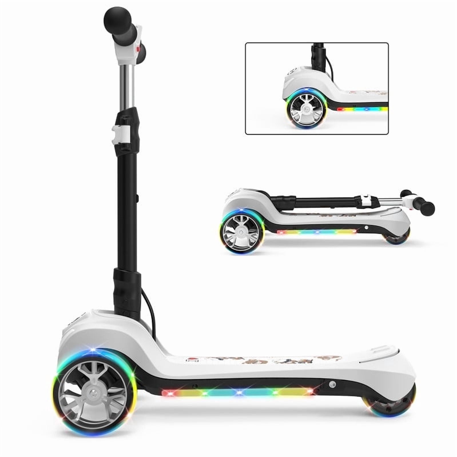 Electric Scooter for Kids Age 3-6, Light-Up Pole & Pedal Foldable Kid Escooter, 5 Mph Max 3-Wheel Electric Ride On Toys (White)