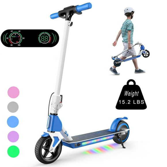 Electric Scooter for Kids Ages 6-14,200W Foldable E-Scooter with 3 Speeds (5/8/12 Mph),LED Display,Colorful Lights,Gift for Kid,Blue
