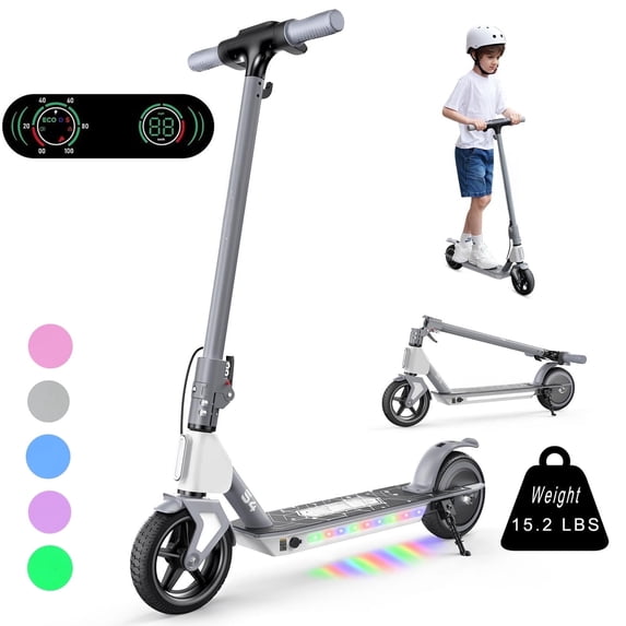 Electric Scooter for Kids Ages 6-14,200W Foldable E-Scooter with 3 Speeds (5/8/12 mph),LED Display,Colorful Lights,Gift for Kid,Gray